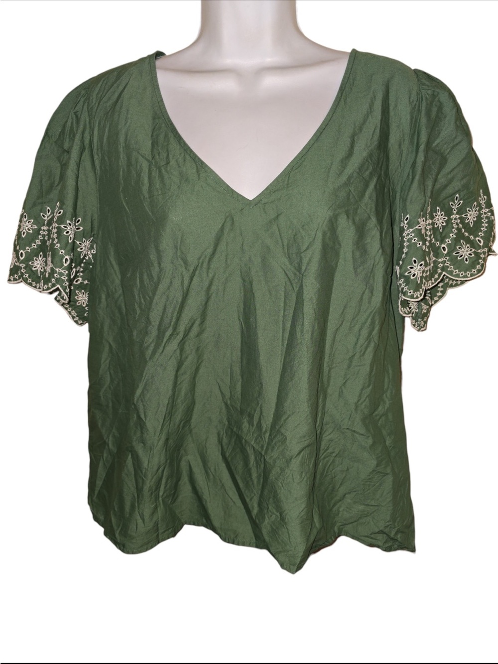 J. Crew Olive Green V-Neck Blouse with Cream Embroidered Scallop Sleeves XL